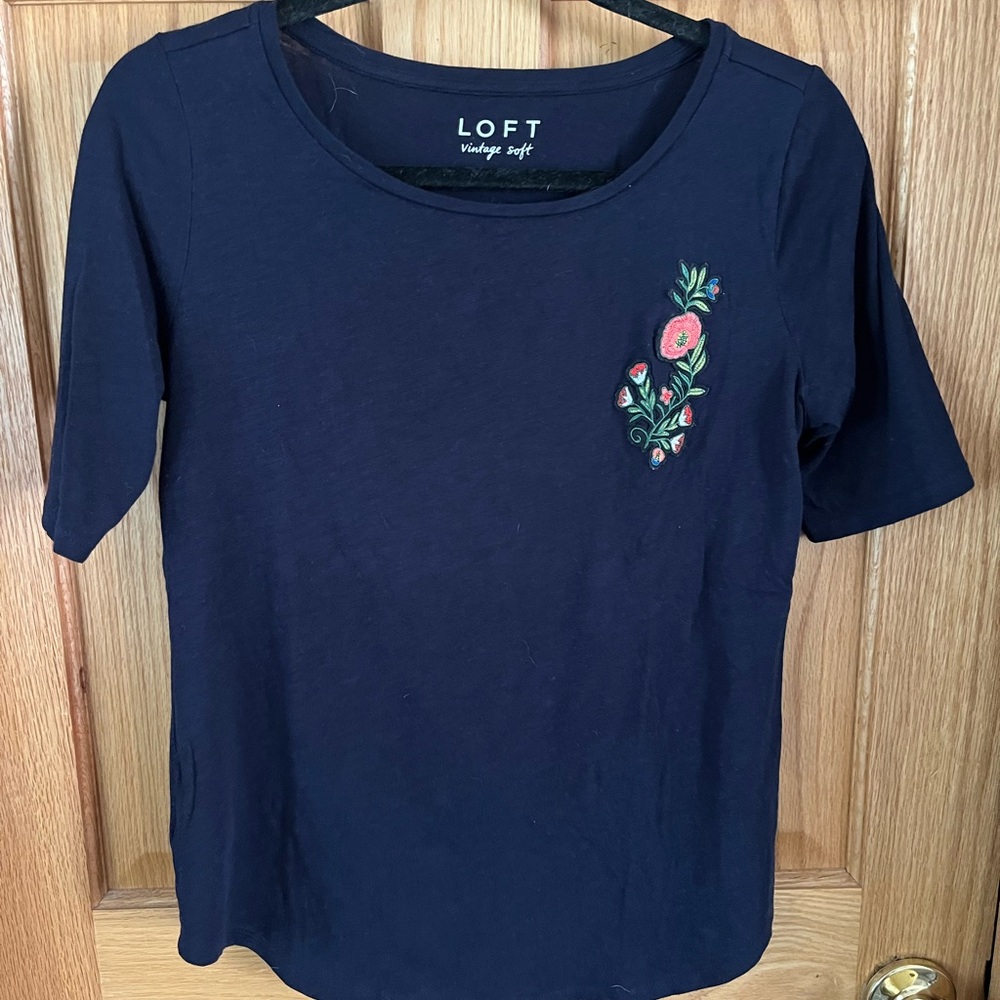 LOFT Navy Top with Floral Detail